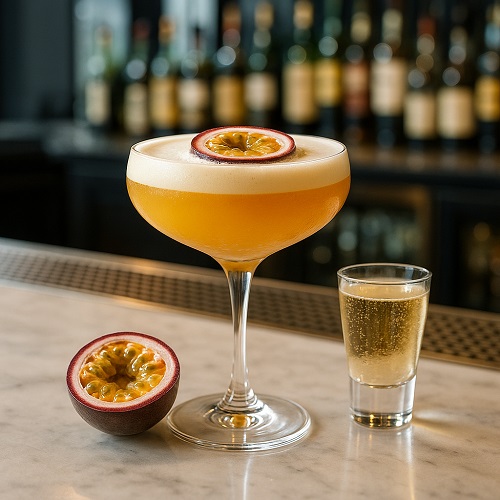 Porn Star Martini in a coupe glass,garnished with half a passion fruit.